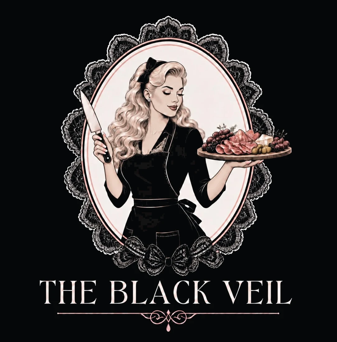 The Black Veil logo: a pin-up hostess holding a chef's knife and a charcuterie board inside a lace cameo